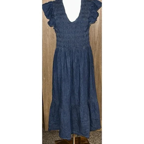 Women’s L 100% Cotton Denim Ruffle Sleeve Smocked Midi Dress with Washwell - Picture 2 of 9